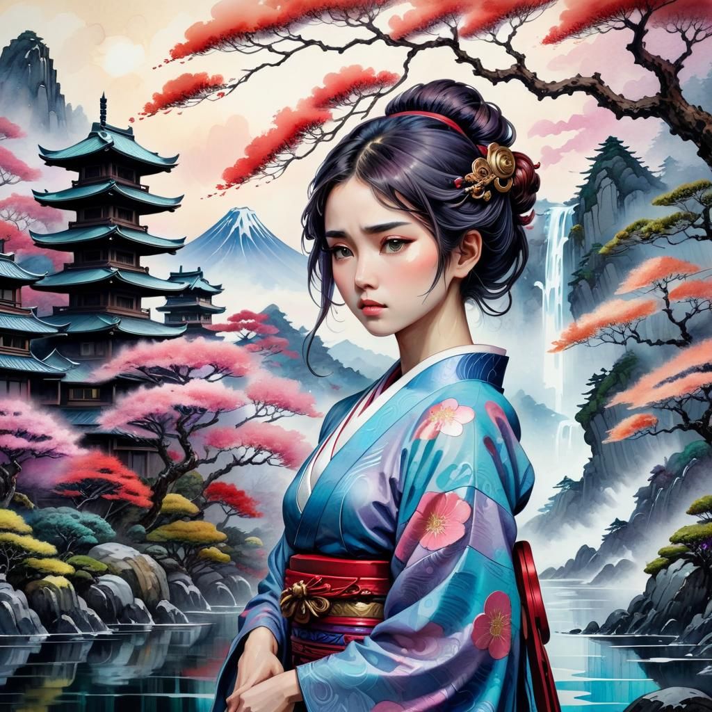 Japanese Fantasy Landscape in Watercolor Style