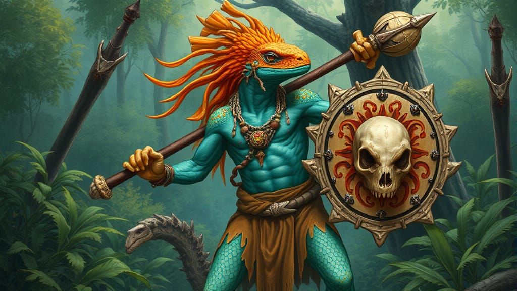 Lizard Folk Druid in Lush Jungle, Detailed Fantasy Art