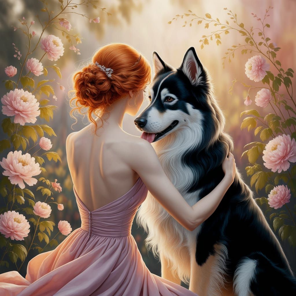 Ginger Woman Embracing Majestic Dog in Soft Oil Painting