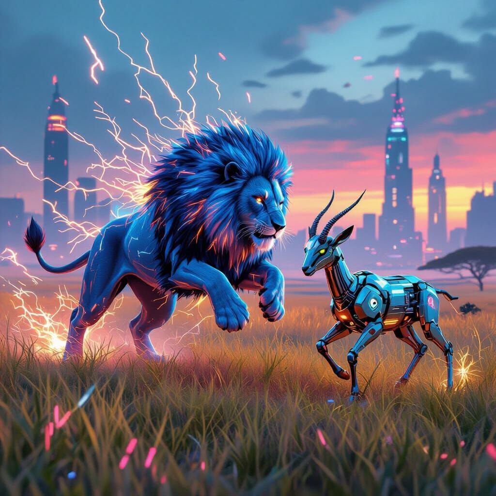 Electrified Blue Lion Attacks Robotic Gazelle in Neon Savann...