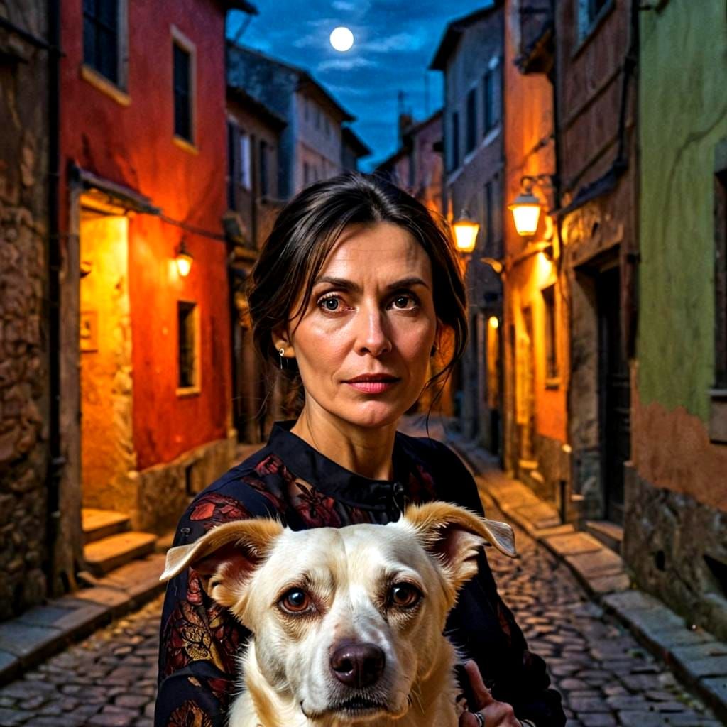 Alluring Lady Illuminated by Moonlit Night in an Old Europea...