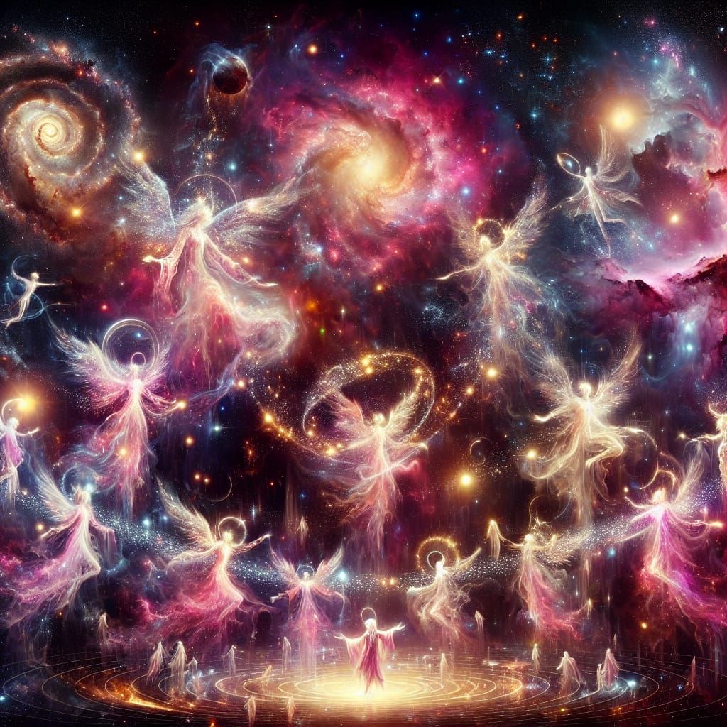 Celestial Ballet: Angels Dancing in a Cosmic Light Show