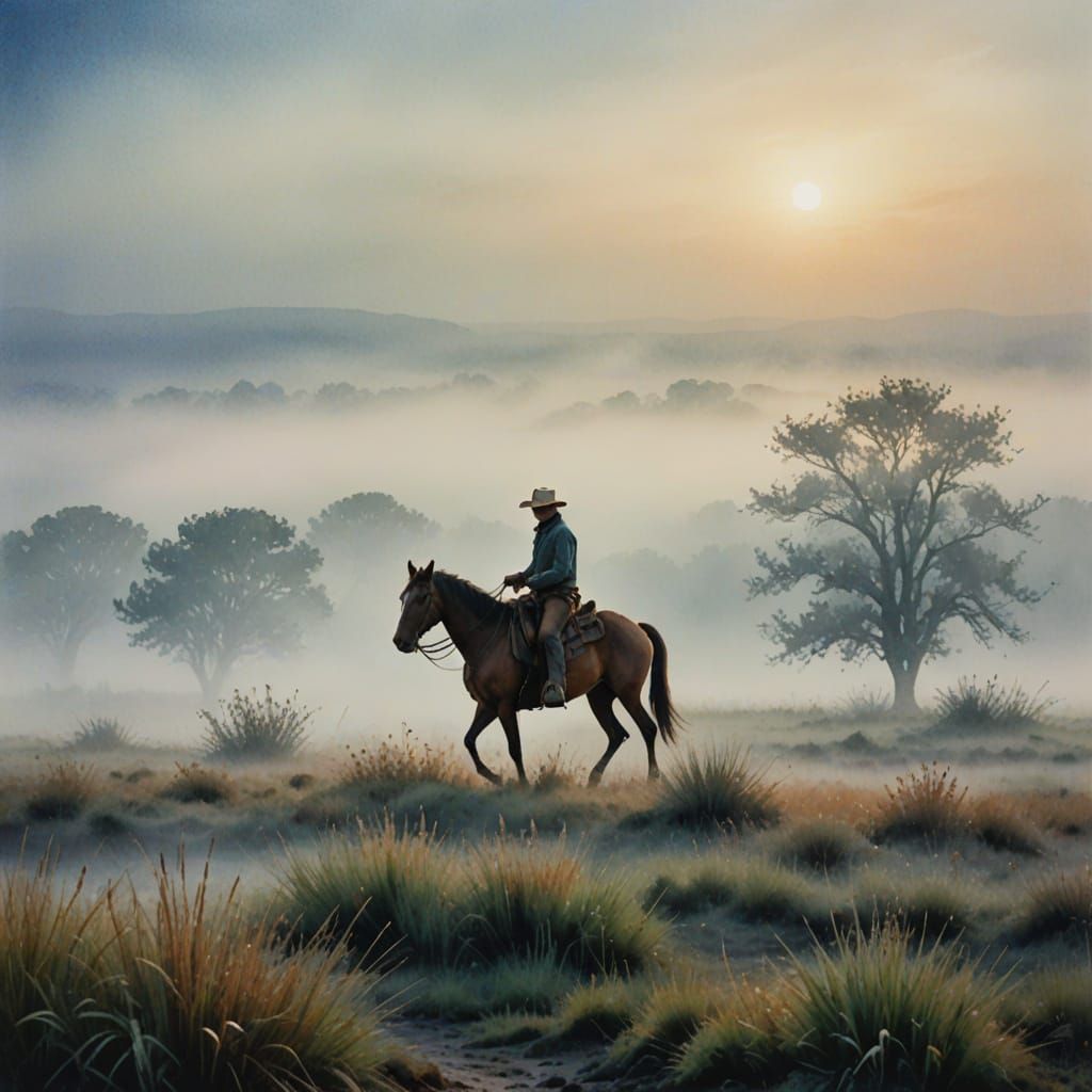 Ethereal Cowboy on Horseback in Misty Watercolor
