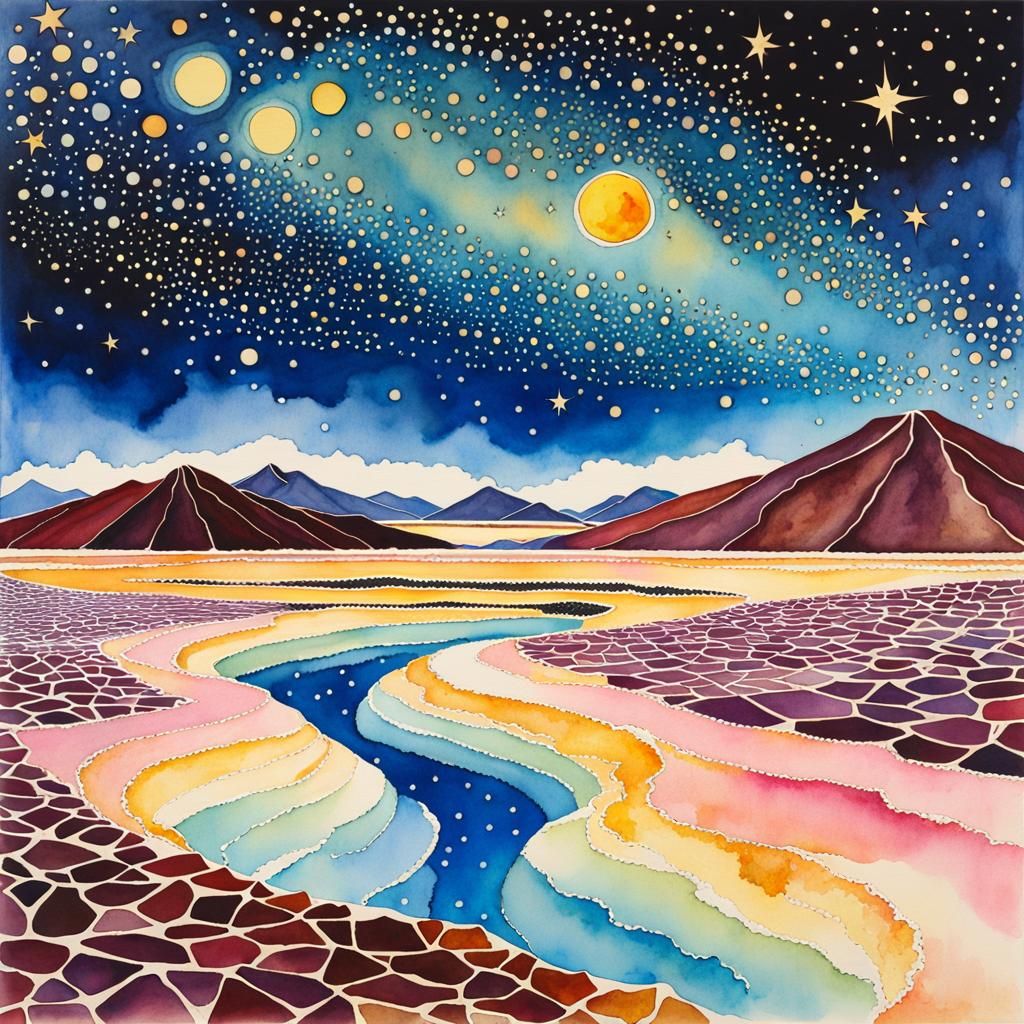 Watercolor Spiral Jetty Under Starry Night Sky