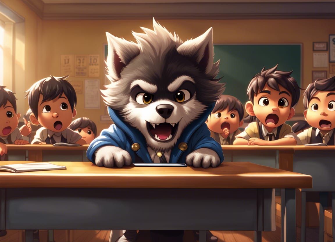 Terrified Chibi Werewolf in Classroom: Hyper-Detailed Digita...