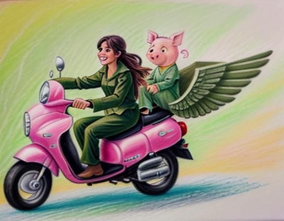 Woman Rides Flying Pig in Oil Pastel Drawing