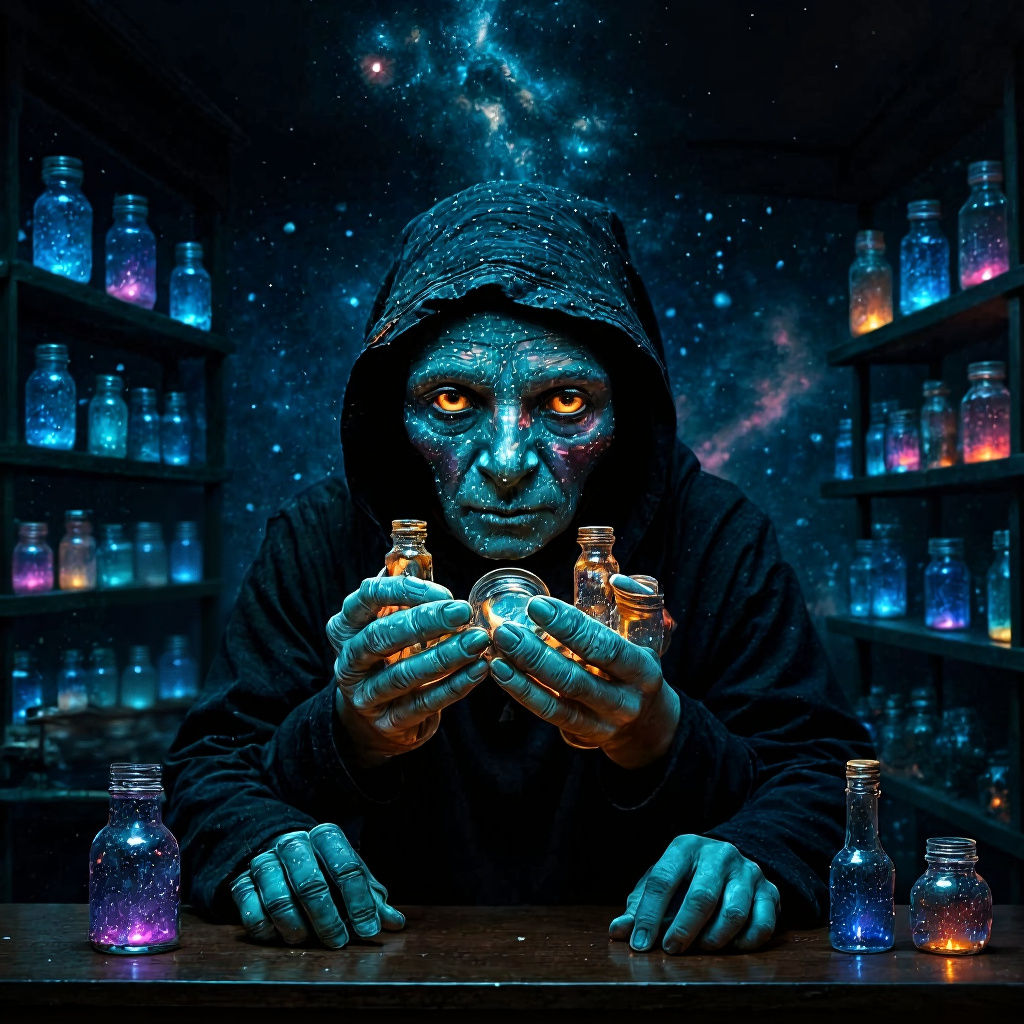 Alien Market Stall Owner with Bottled Galaxies