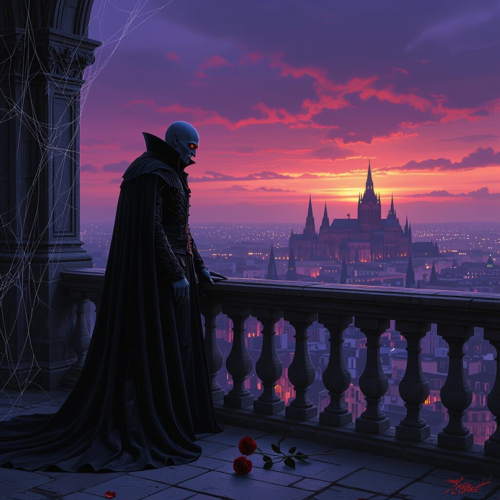 Ancient Vampire on Gothic Balcony at Twilight