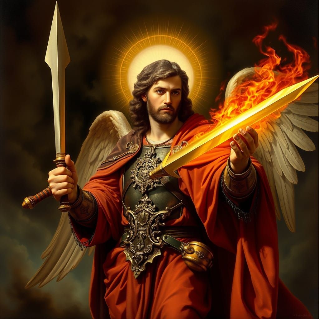 Golden Armor Angel San Miguel Wields Fiery Sword