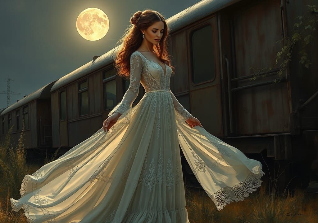 Romantic Woman by Vintage Train in Impressionistic Style