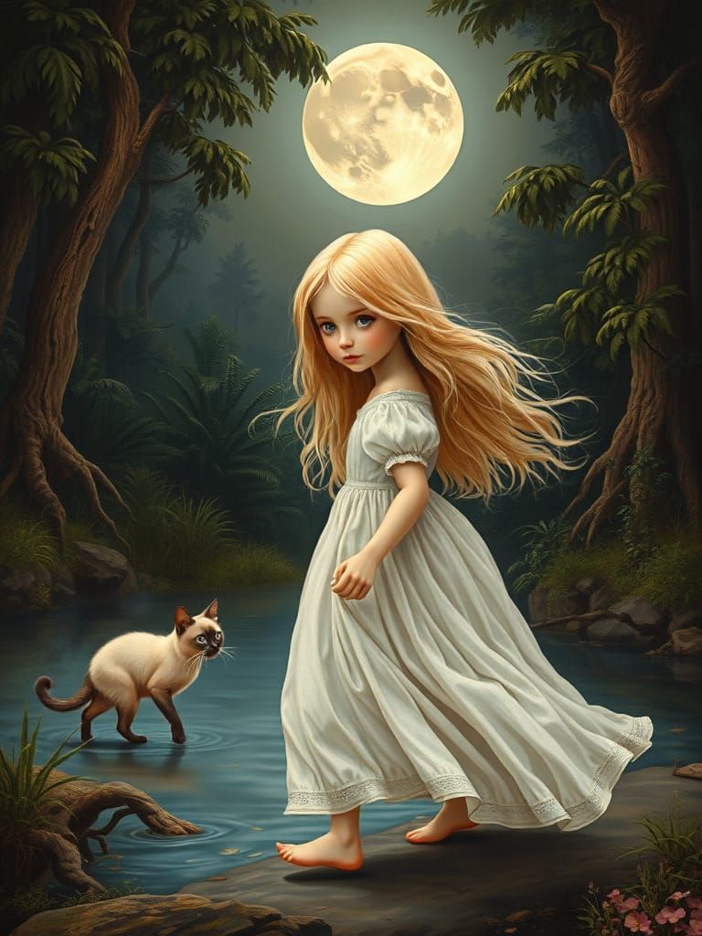 Girl and Siamese Cat by Misty Pond
