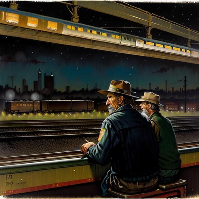 Night Freight Train in Norman Rockwell Style