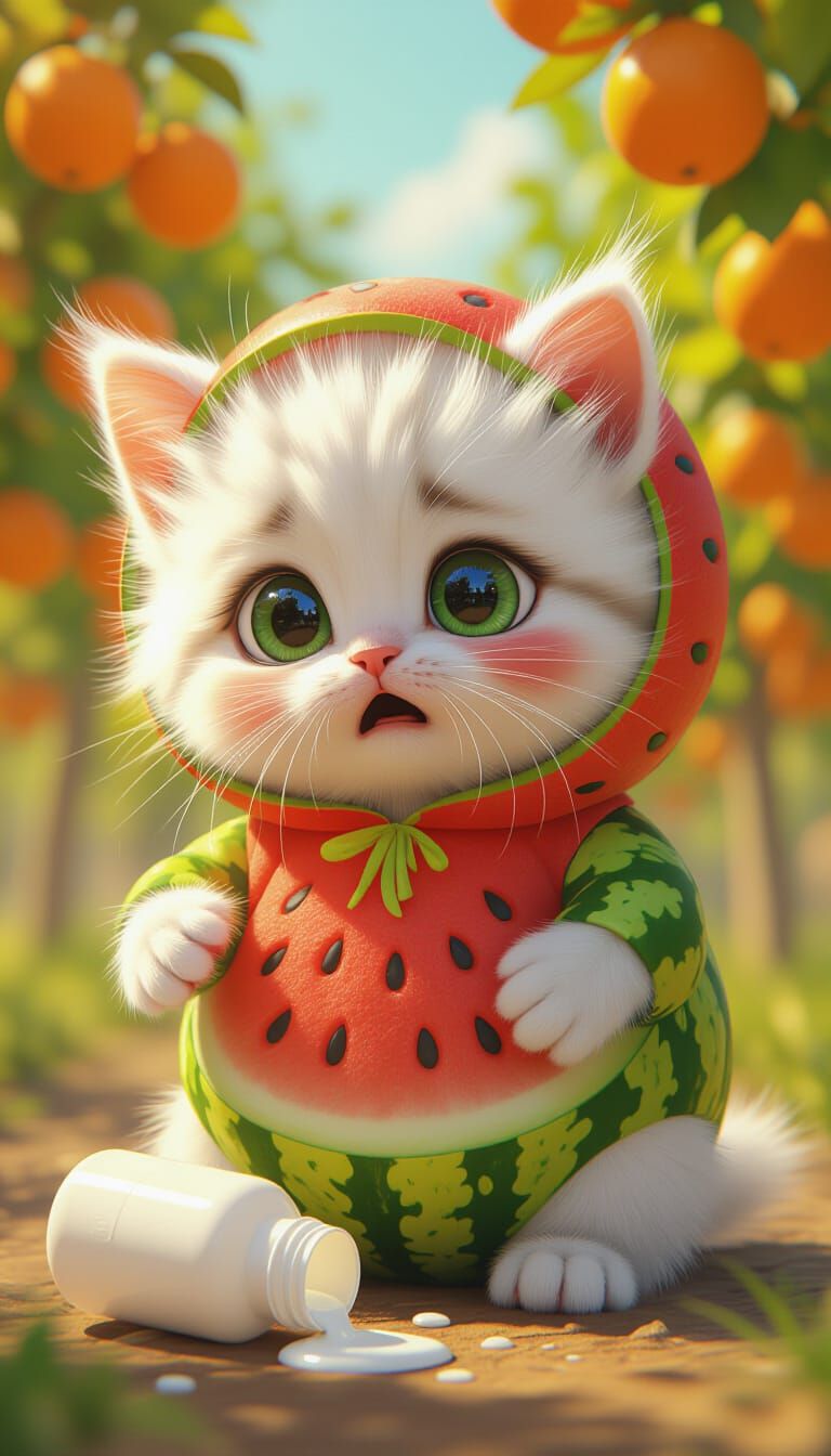Shocked Watermelon Kitten in Orchard: 3D Art