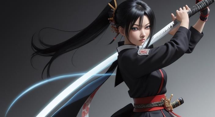 Anime Samurai Girl Cleans Katana in Manga Style