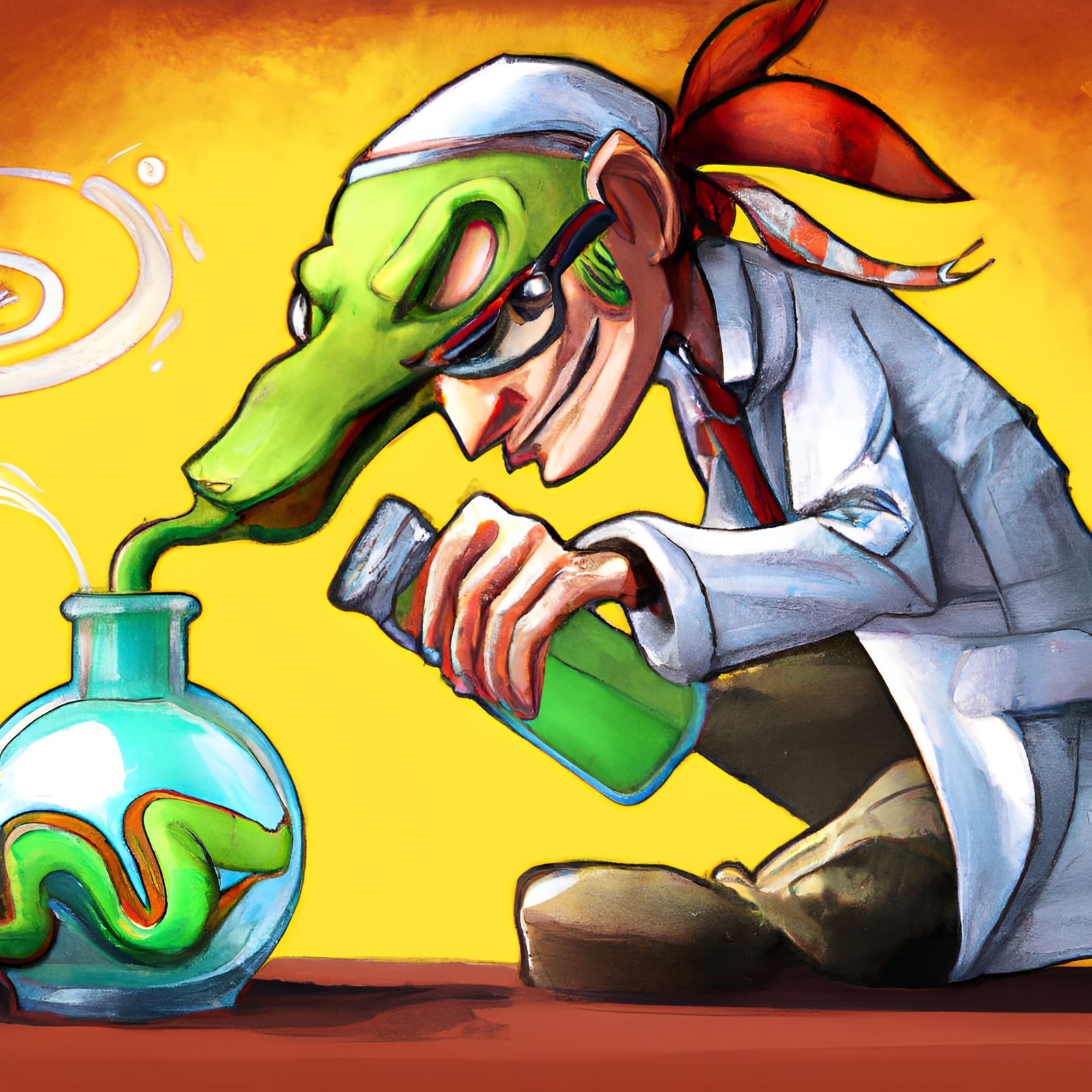 Humanoid Snake Scientist Mixing Chemicals: Cartoon Illustrat...