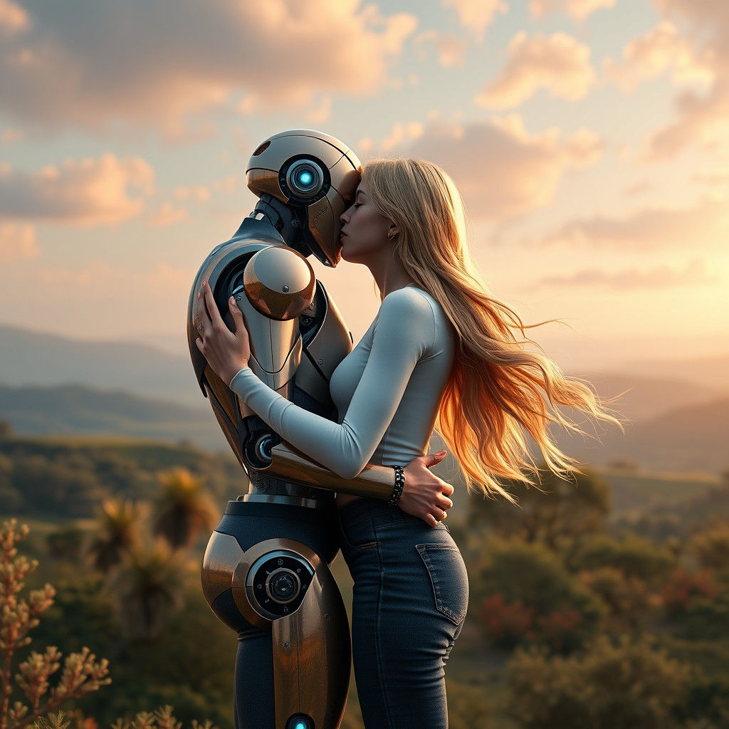 Woman Embraces Robot in Lush Sci-Fi Landscape