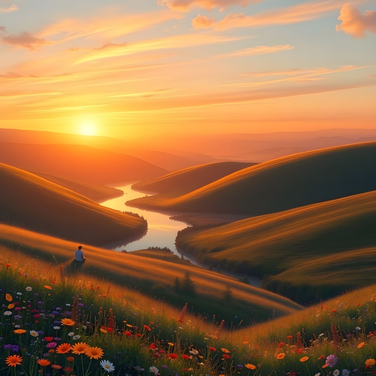 Golden Hour Sunset Over Rolling Hills