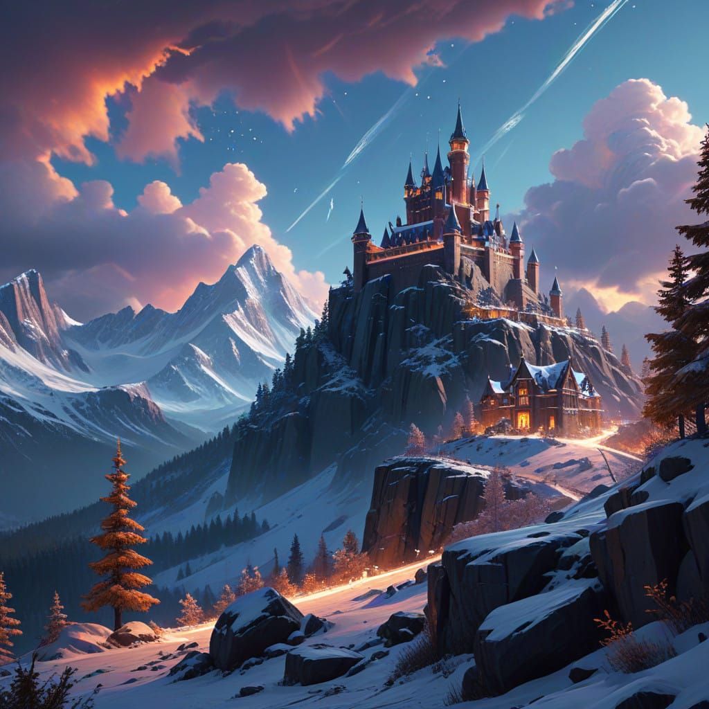 Majestic Castle in Snow-Capped Mountains with Aurora Skies
