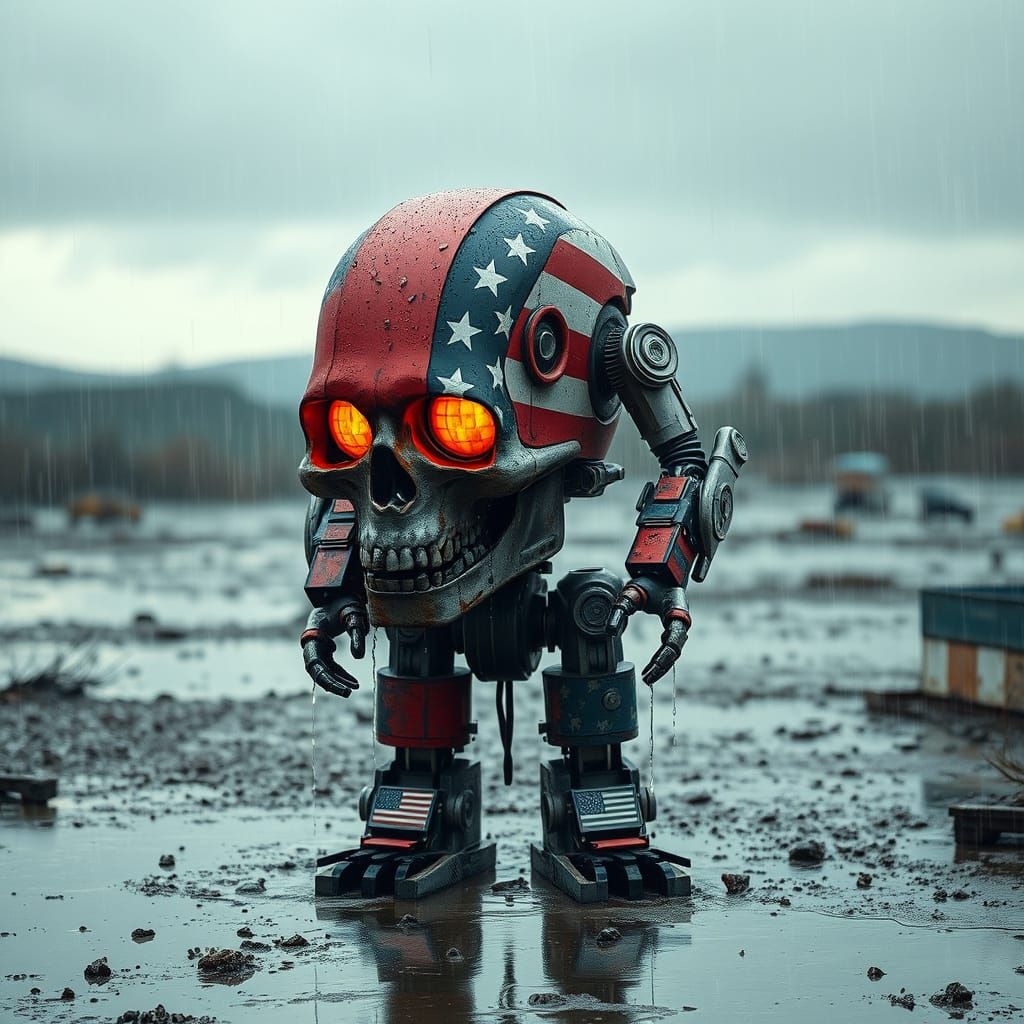 A creepy M.A.R.K 13 population control robot with a metal sk...