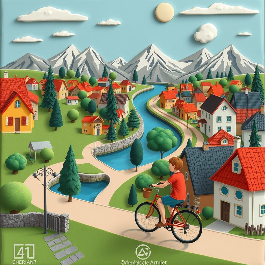 Cartoon Boy on Bicycle in Claymation Town