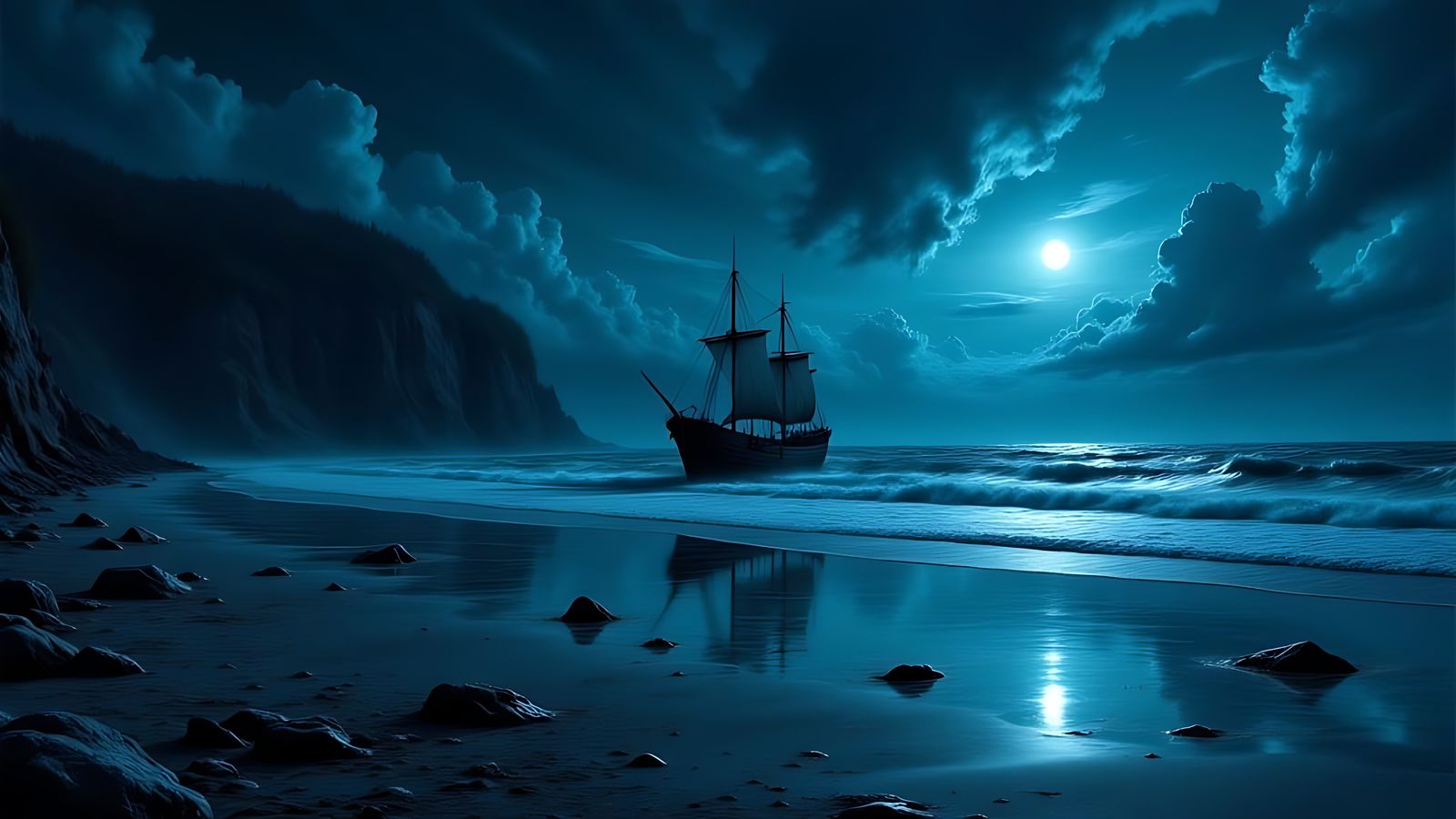 Moonlit Pirate Ship Beached at Night