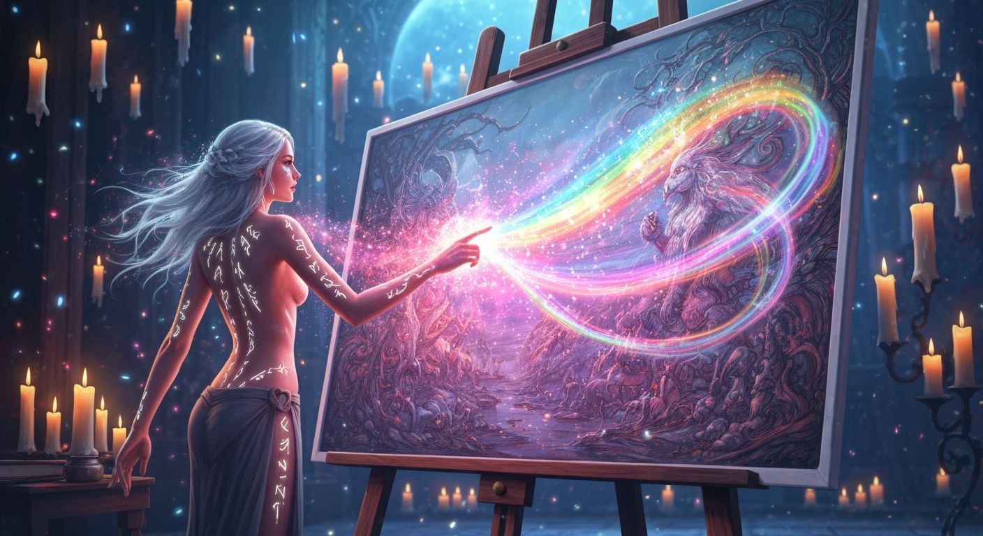 Ethereal Artist Paints Magic in Moonlit Studio