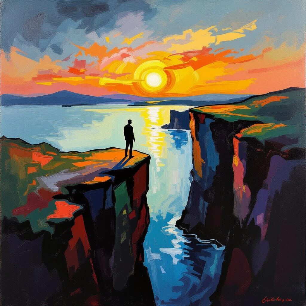 Cliffside Figure in Expressionist Landscape