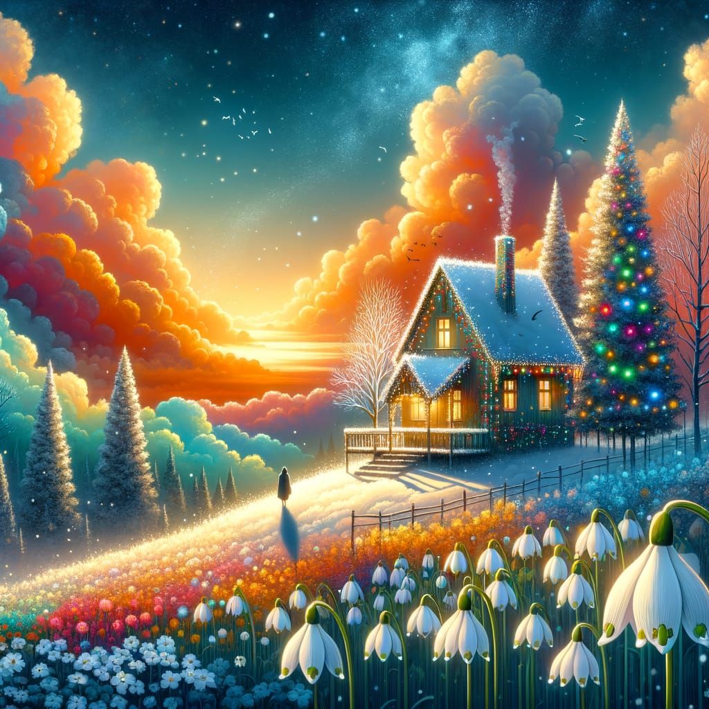 Whimsical Watercolor Cottage Scene in Bauhaus Style