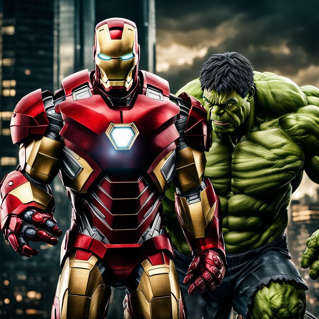 Hyperrealistic Iron Man and Hulk Battle