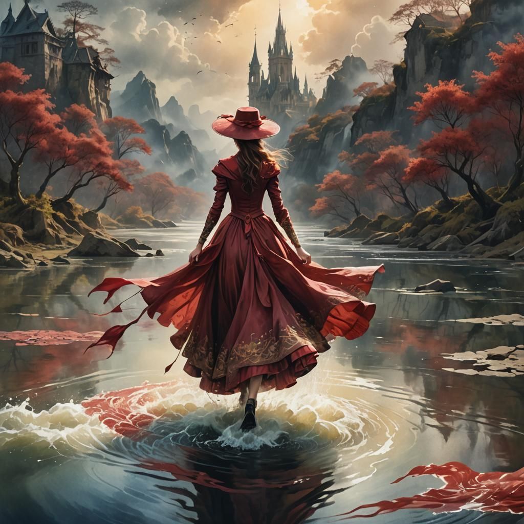 Woman in Crimson Dress: Watercolor Painting