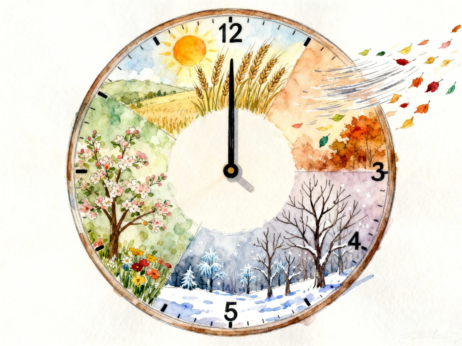 Clock Face Depicting Four Seasons at 5 O'Clock