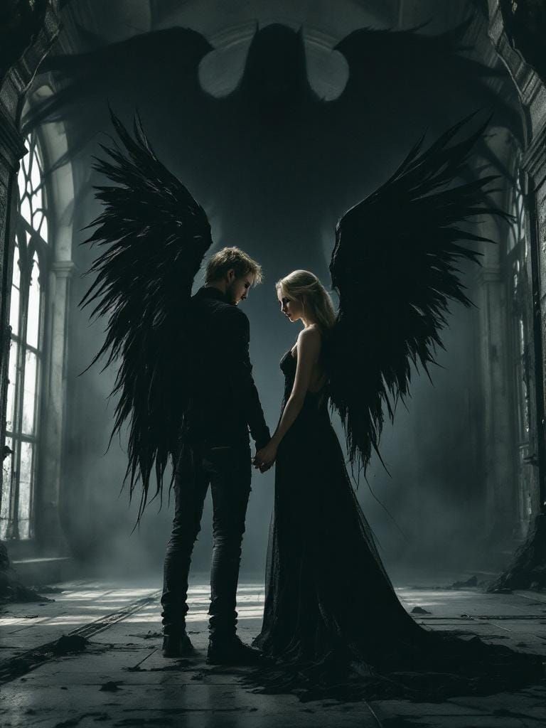 Futuristic Gothic Couple with Demonic Shadow, Cyberpunk Art