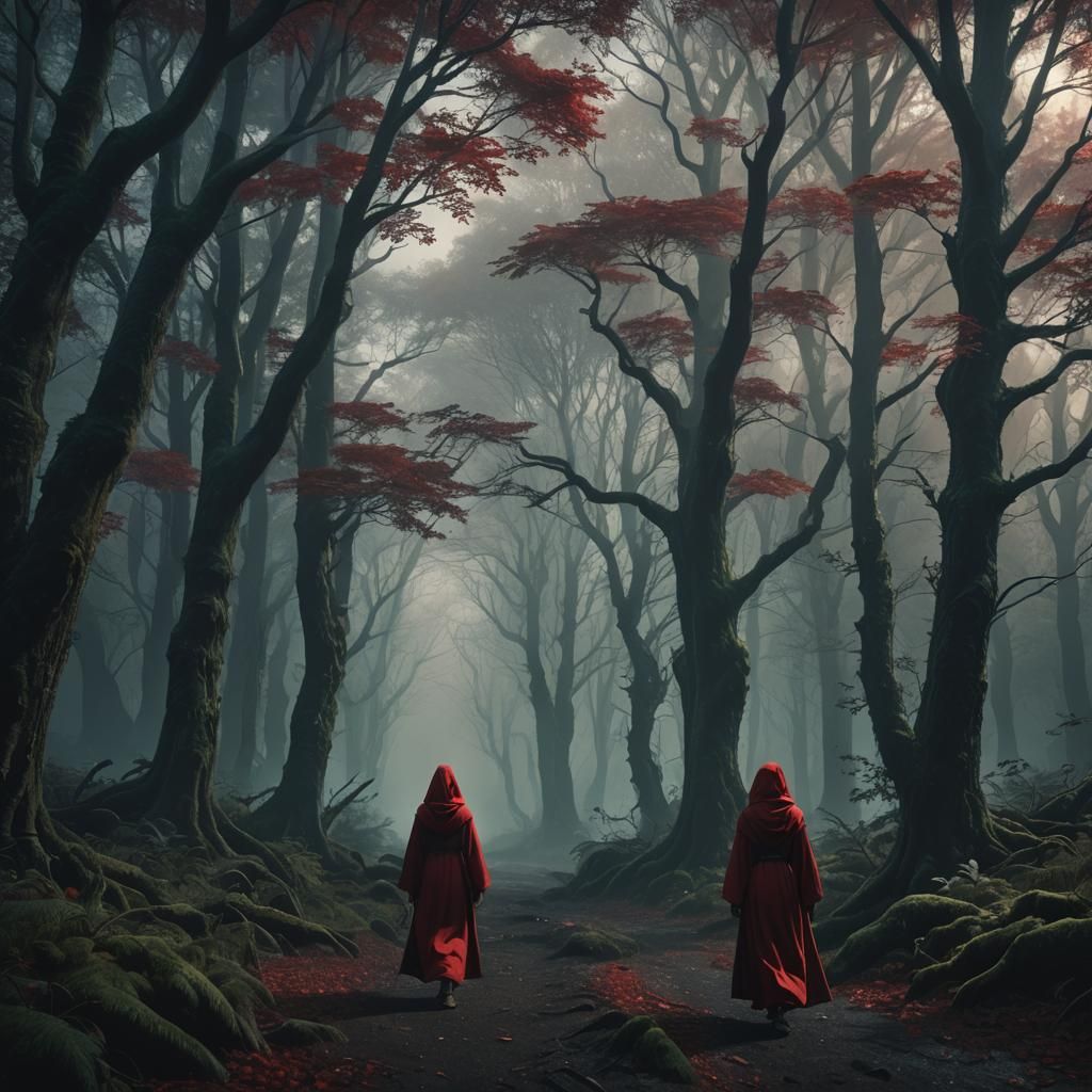 Woman in Red Robe in Dark Fantasy Forest