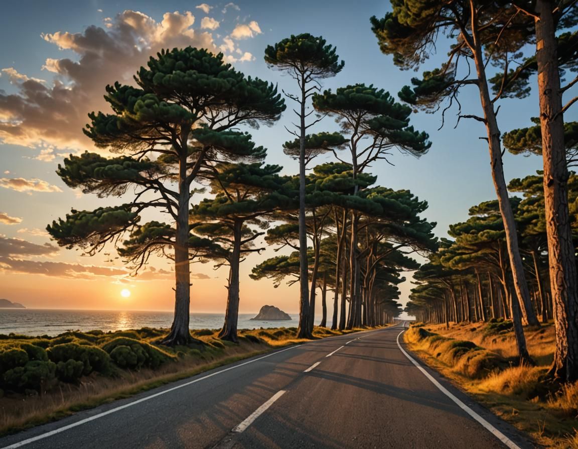 Coastal Road Trip at Sunrise: Neo-Impressionist Painting