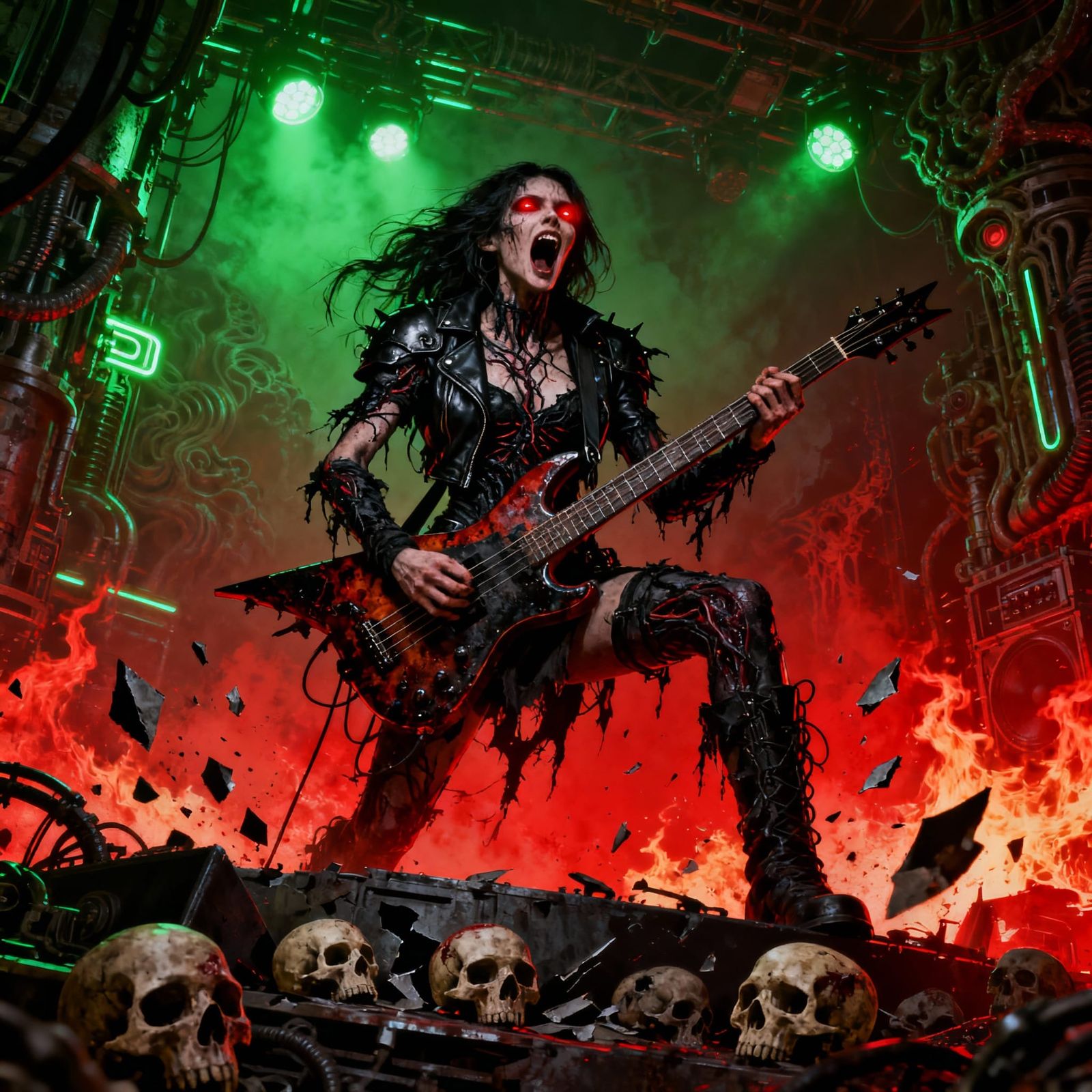 Monstrous Figure Screaming with Bass Guitar on Apocalyptic S...