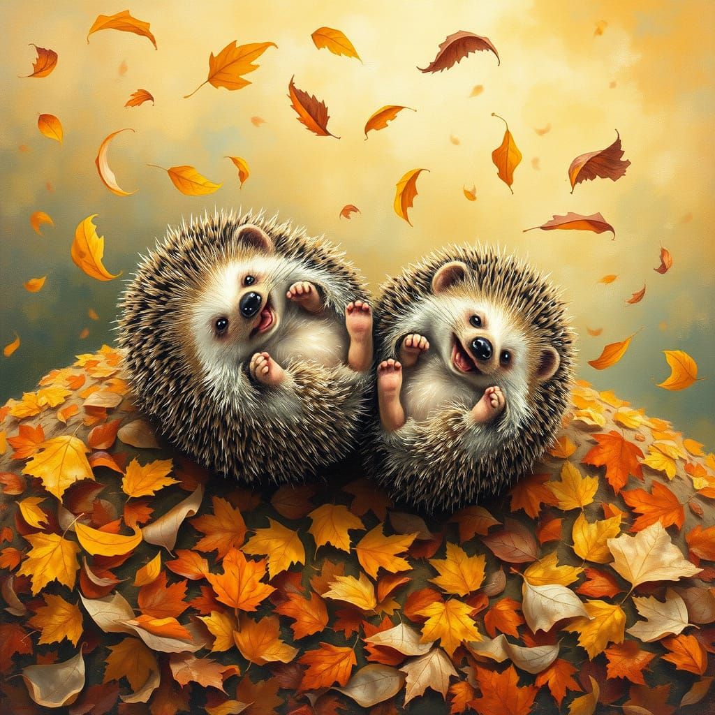 Hedgehogs Rolling Down Autumn Hill Oil Painting