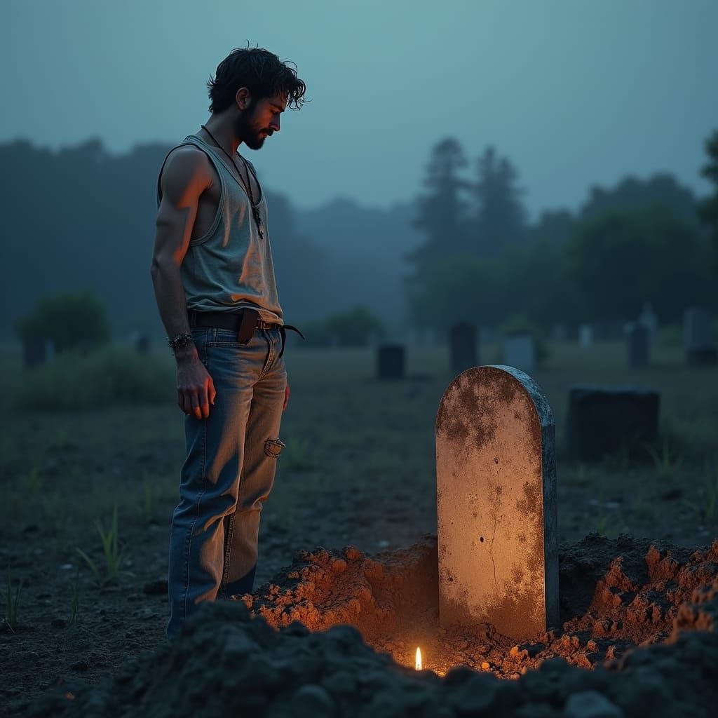 Man Beside Grave in Graveyard Concept Art