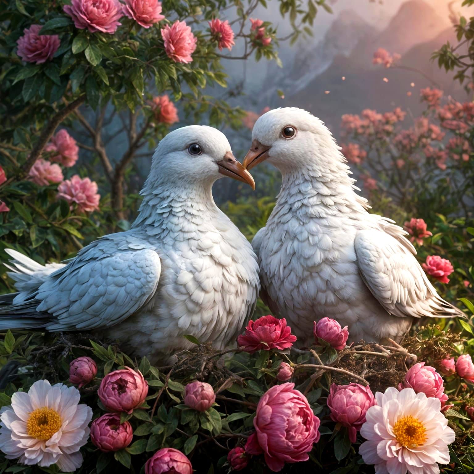 Whimsical Doves Nest in Vibrant Sunset Wonderland