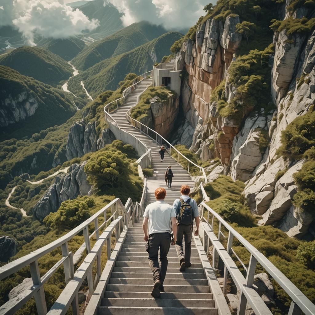 Man Climbing Gigantic Stairs to Heaven: Realistic Painting