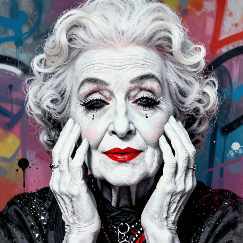 Elderly Mime Grandma with Glitter Lashes and Nails