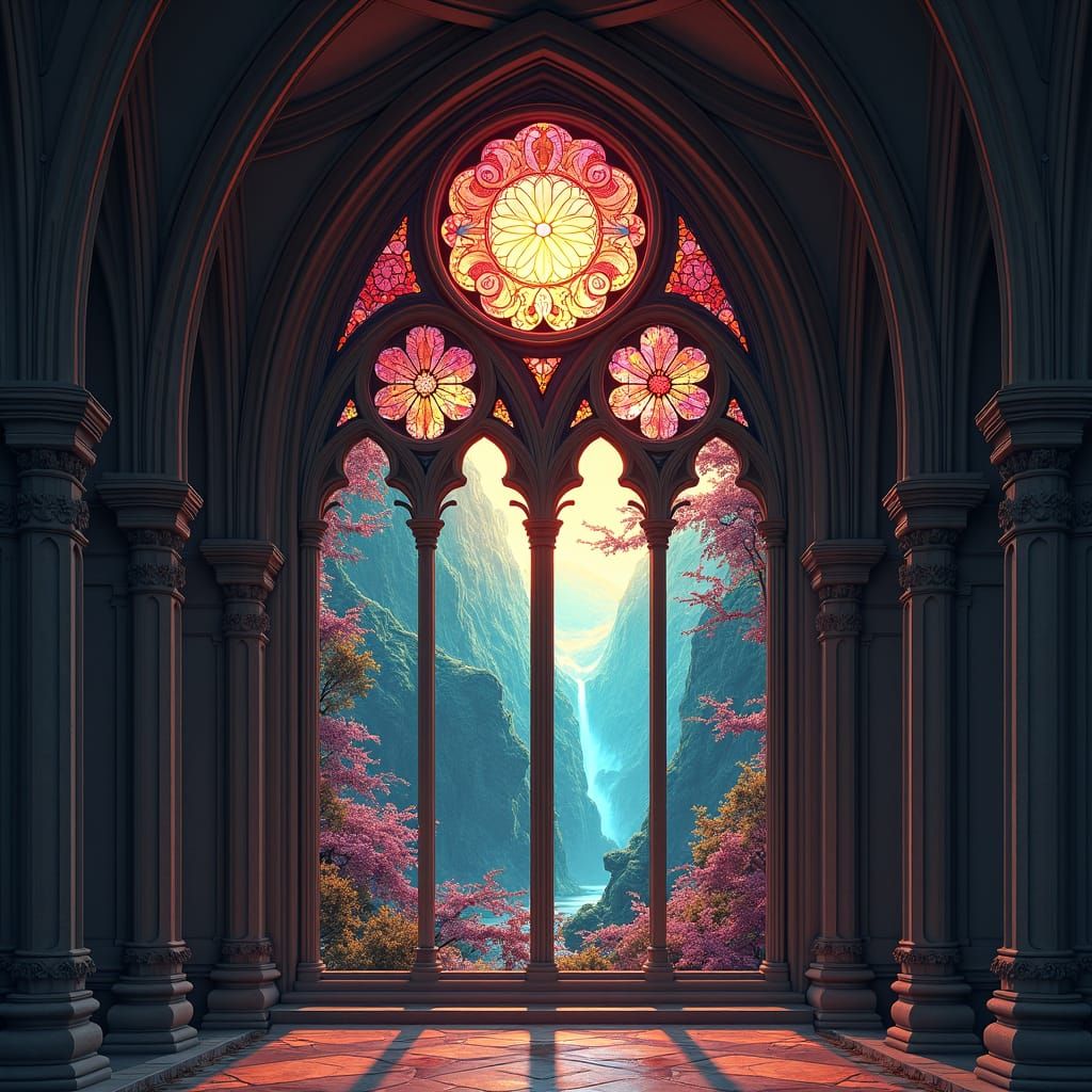 Gothic Stained Glass Window: Mystical Landscape