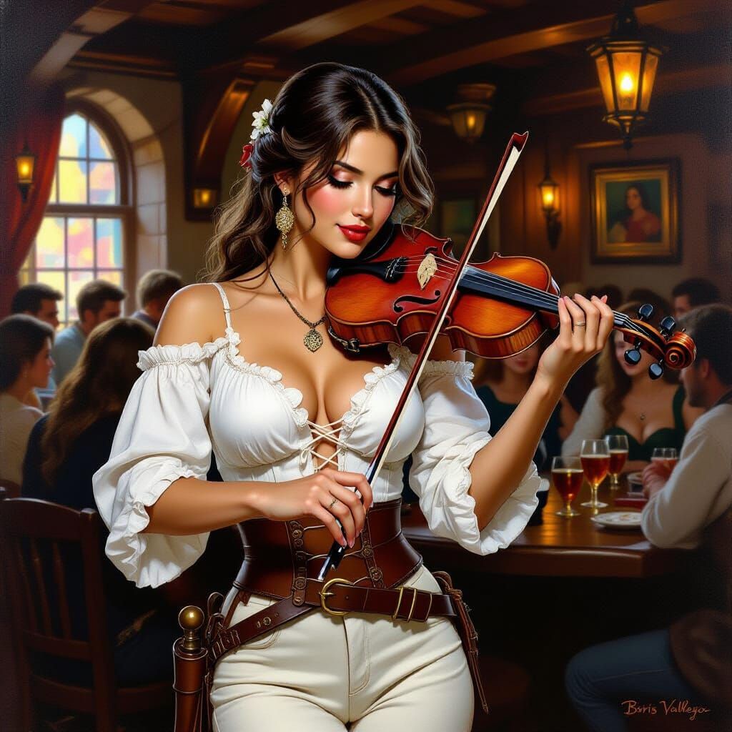 Lady Bard Fiddles in a Lively Tavern Oil Painting