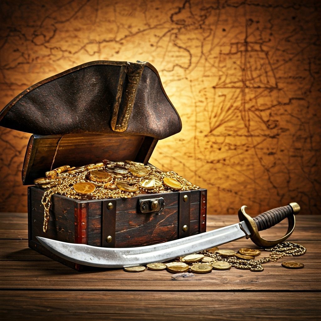 A pirate's treasure chest and cutlass with a background of a...