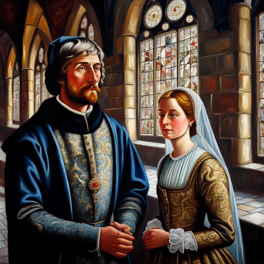 Medieval Gentleman Captivated by Lady, Renaissance Oil Paint...