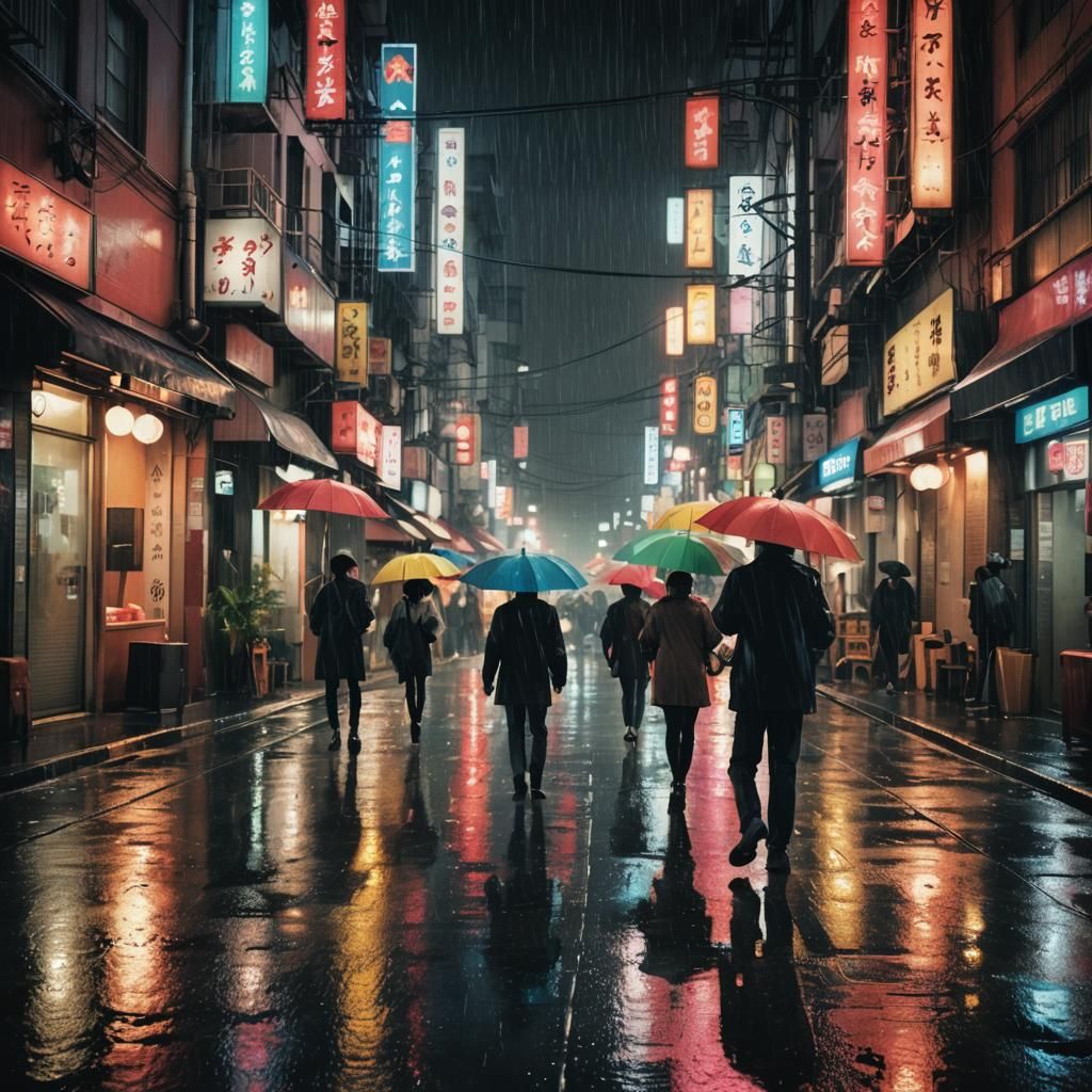 Neon Reflections in Rainy Cityscape