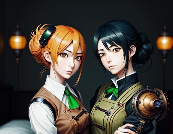 Steampunk Kemono Twins Kiss in Manga Style