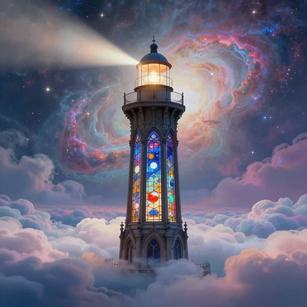 Surreal Lighthouse in Cosmic Clouds, Gothic Nouveau Style