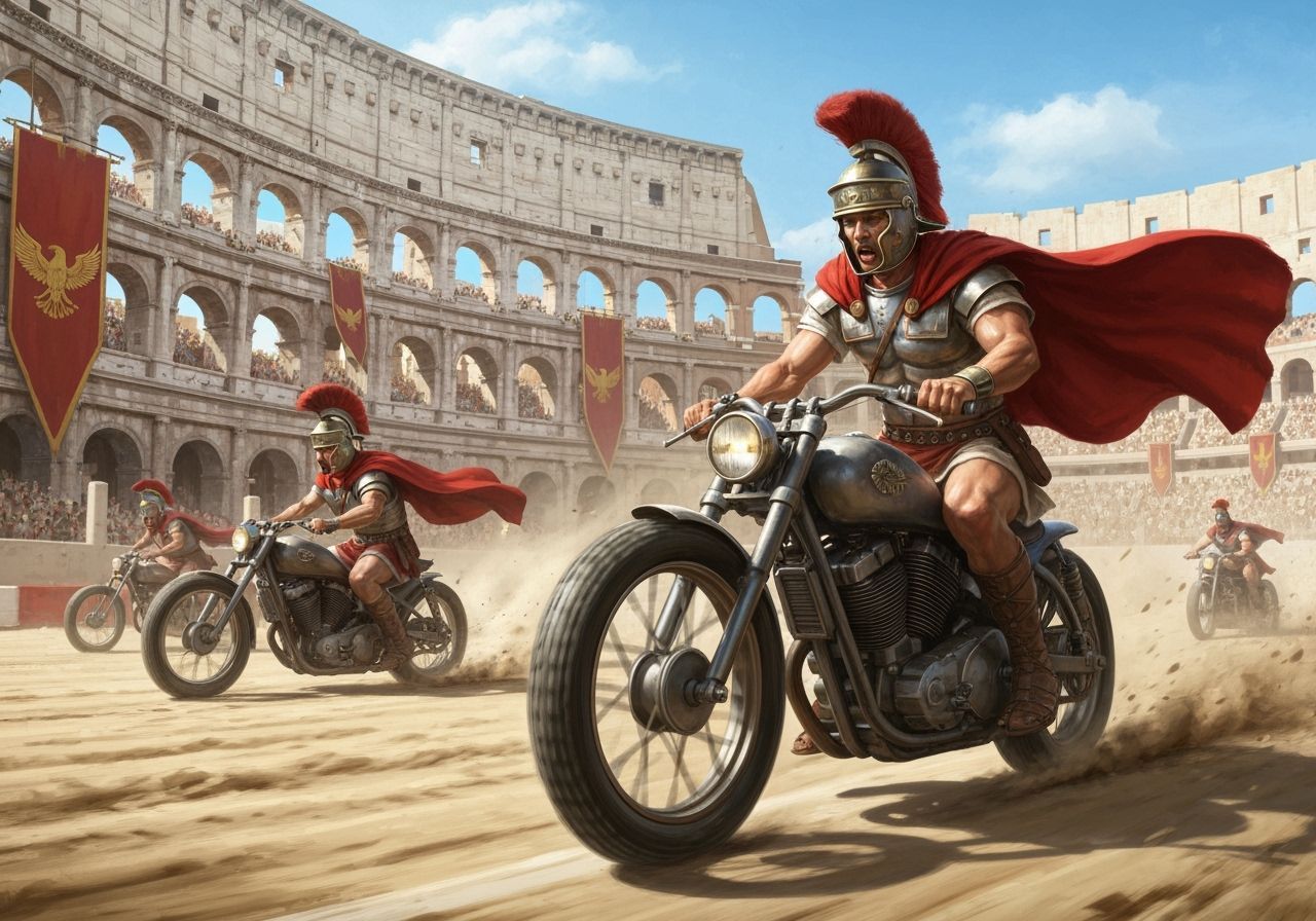 Roman Legionaries Motorcycle Race in Steampunk Style