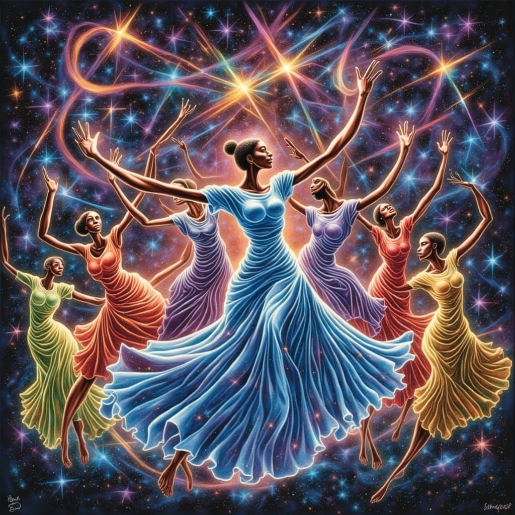 Celestial Light Beings Dance in Stained Glass Sky