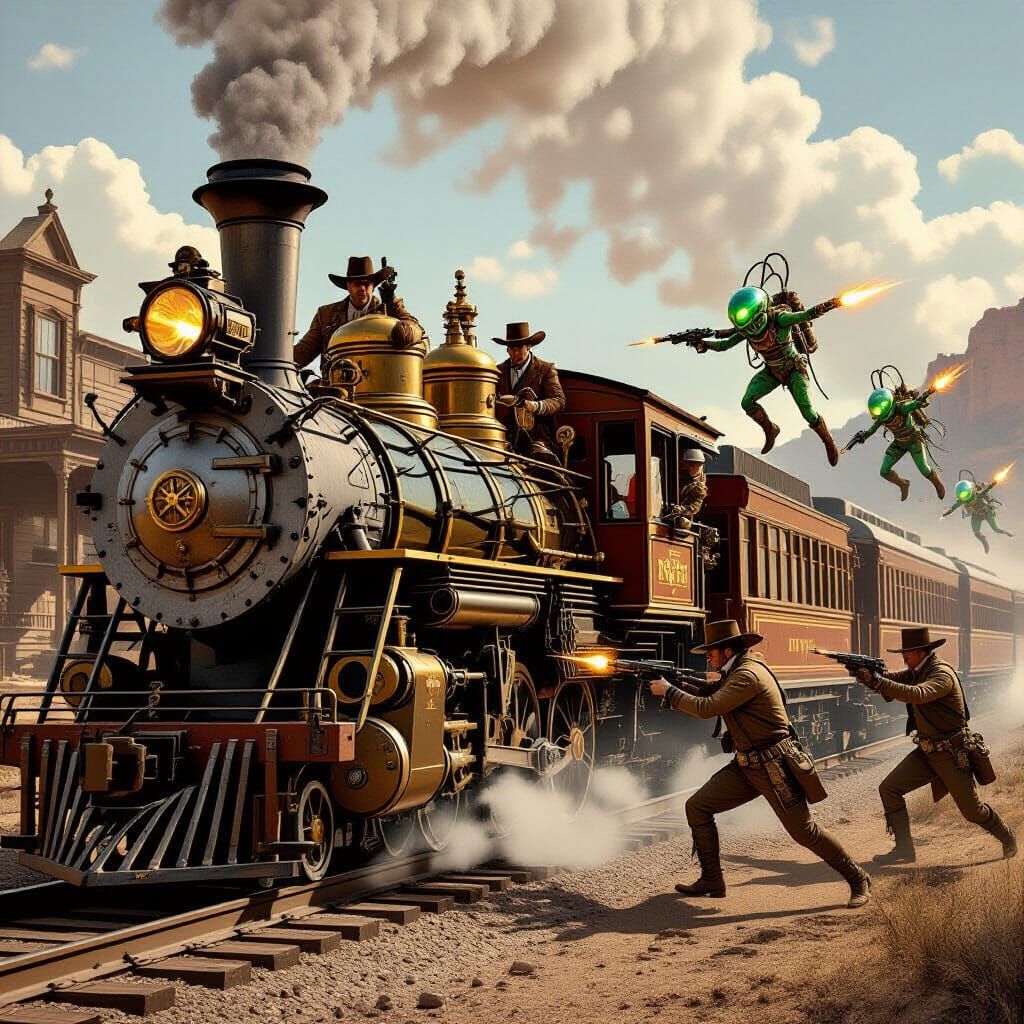 Cowboys Battle Steampunk Aliens in Wild West Train Heist